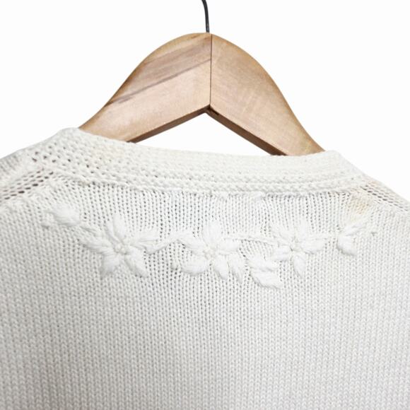 Vtg Lands' End Ivory Knit Cardigan Sweater Embroidered Floral Button Front SZ L - Picture 8 of 11